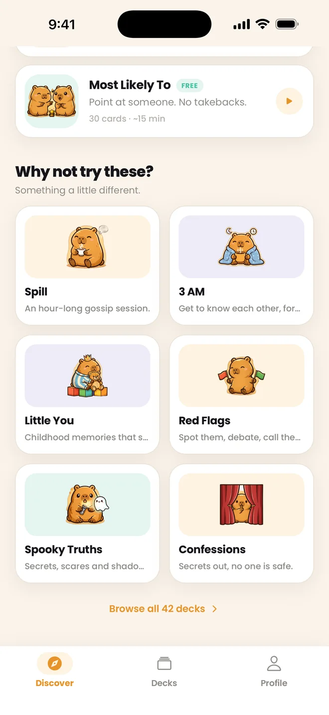 The Discover screen in capybara cards with deck suggestions